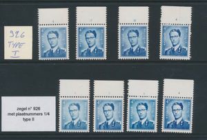 N° 926 Type 1 en 2, alle 2 reeksen met 4 plaatnummers (1/4), zm