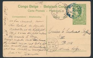 Stibbe postal stationery N° 42 sent from Kinshasa on 21 June 1916 to a Belgian army soldier, transit Paris 28.VII.1916 and arrival 