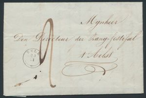 1845 Voorloper met inhoud, vanuit Zele (mooie Type 18 stempel), dd. 20 juni 1845, naar Aelst, port 2 decimen, geadresseerde is 