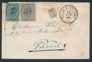 1868 Nos 17 et 18, sur enveloppe, oblitérée PT N.1 et Dca 