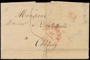 1839, Vorläufer mit Inhalt lateinisch, mit Info der Familie Gislenis und Erwähnung von St. Nicolai in Flandria (Sint-Niklaas), dd. 23. Juni 1839, Briefadresse ist Weerde (bei Vilvoorde), Abgangsstempel Vilvorde (Herlant 14), mit Briefkasten-Stempel 