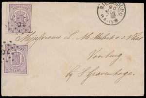 1870 Brief aus Middelburg nach 'S Gravenhage, mit sehr schöne Frankatur N° 18 'Rijkswapen 2 1/2c. violett' (2x), Marken sehr schön, Brief leicht rau geöffnet, schön und selten