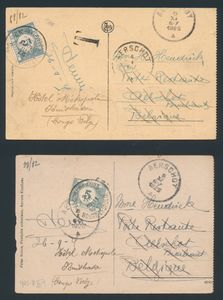 1925, 2 picture postcards franked by Vloors issue, sent to Belgium and taxed at arrival with Belgian postage due stamps for 