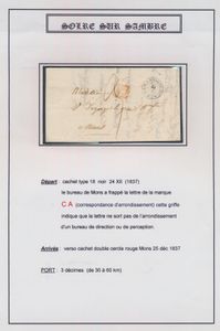 1837/1841 Solre-sur-Sambre, petite collection d'une carte de vue du bureau de poste avec ses employés et 5 précurseurs (Type 18), avec de jolis cachets supplémentaires tels que 