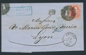 1863 N° 16, op brief met inhoud, vanuit P.4-Antwerpen, dd. 27 november 63, naar Lyon (Frankrijk), 