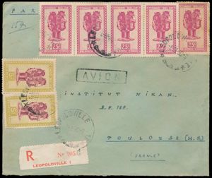 1948/1913, accumulation of 49 items (Covers, postcards, visit card envelope) all franked with Masks issue stamps, al lot of nice franking combinations, sent to Belgium, USA, Switzerland, Austria, domestic mail, Canada, England, France, Germany, vf/f