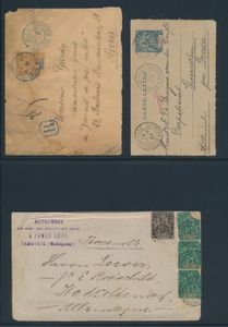 1899/1908, 5 stukken uit Magascar en 1 PWST uit Congo Français, gefrankeerd met type 