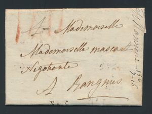1790 Voorloper met inhoud, vanuit Mons, besteld via portier naar Ragnies, dd. Juli 1790, port 4 rode krijtstrepen, zm