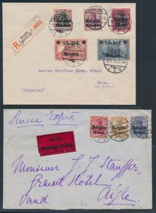 1914/1917, 35 Postsendungen (GS, Briefe und Ansichtskarten), meist Germania mit Aufdruck 