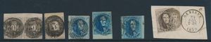 N° 10/10A, 11/11A, mooi lotje met bladboorden, 1 paartje, 5 losse ex. (eentje op fragment ), met o.a. afstempelingen P.102, P.3, P.46, etc., zm 