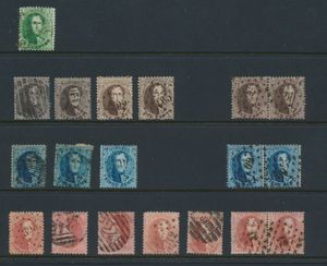 N° 13 (1x), 14 (4x en 1 paar), 15 (3x en 1 paar), 16 (5x en 1 paar), Verzameling getande medaillons met balk- en puntstempels, kleurtinten, meerdere griffen en vlekken, curiositeiten, kleuring op de achterzijde, zm/ntz (Hoge cataloguswaarde)