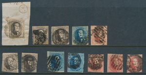 Tussen N° 6 en 12, 12 stuks, met boorden en 1 afstempeling D.58, vele griffen en boorden, zm/m/ntz (Hoge cataloguswaarde)