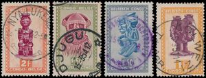 1948/1960 Lot d'oblitérations centrales sur emission masques composé de 127 timbres, 4 lettres et 2 C.P. dont Mweka, Nya Lukemba, Yangambi, Kolwezi telegramme, etc., tb