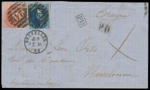1862 N° 11 en 12, op brief met inhoud, vanuit P.24-Bruxelles (8 balken), dd. 5 oktober 62, naar Barcelona (Spanje), twee verschillende 