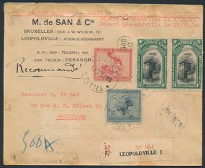 1930 Raid Vanderlinden - Fabry, return flight Congo-Belgium, registered letter franked with n° 128, 131 and PA 4 (2x) cancelled 