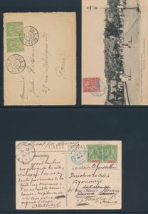 1906/1913, 4 zichtkaarten uit Madagascar en 1 brief (front) uit Gabon, verstuurd naar Madagascar, Senegal en Frankrijk, gefrankeerd met type 
