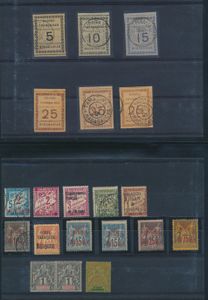 En gebieden, mooie samenstelling met o.a. behoorlijke n° 33, Madagascar w.o. emissie 1895, Obock, Réunion, Sénégambie, zm/m/ntz (Hoge cataloguswaarde)