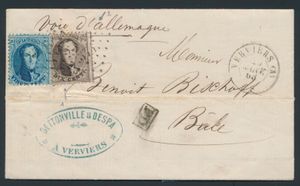 1865 Nr. 14 und 15 auf Brief mit Inhalt aus Verviers (A), datiert 28. Januar 1865 nach Basel/Schweiz mit feiner Handschrift 