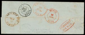 1844 Précurseur de France, Châtillon-sur-Seine, daté du 21 juillet 1844, à destination de Courtray, via Lille et Menin, cachet de frontière - France par Mouscron, beau cachet ovale en rouge 
