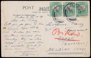 1910/1957 Lot de 10 documents (lettres, cartes postales) en provenance de plusieurs pays vers le Congo belge tels que Grande-Bretagne, Kenya, Russie, Tchécoslovaquie, Suisse, Liechtenstein, Afrique du Sud