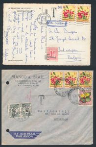1954/1958, 1 postcard and one cover, insufficiently franked by Flowers issue, sent to Belgium and taxed at arrival with postage due stamps and stamp cancelled by 