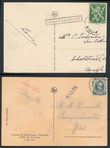 Verzameling prentbriefkaarten, alle met naamstempels tussen 1900 en 1948, ongeveer een 50 stuks, zm/m