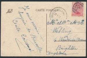 1920, zichtkaart verstuurd uit Brussel (22/1/20) naar Brighton/Engeland, gefrankeerd met N° 138 (OBP), gestempeld met Engelse 'Killer', zeer mooi en zeldzaam.