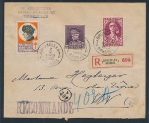1932 Nr. 319 und 330, auf eingeschriebenem Briefumschlag, aus Brüssel, vom 7. Mai 1932, zwei private Vignetten auf dem Brief, 1 auf der Vorderseite 