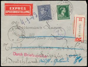 1943 N° 529 + 646, aangetekende zending (met sticker Express-Spoedbestelling) op enveloppe vanuit La Louviere, dd. 27-8-43, naar Leipzig (Duitsland), maar door de postbeambte naar een ander adres (in blauw), met de stempel roze 