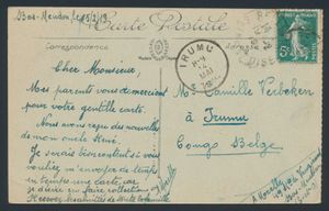 1919 Courrier entrant vers le Congo belge, carte postale (Tour EIFFEL) envoyée de Paris vers Irumu où elle est arrive le 14 mai 1919, tb/b