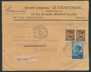 1934 Nr. 341 (2x) und 389, auf eingeschriebenem Brief von Bressoux, vom 18. Dezember 1934, nach Brüssel, auf der Rückseite 5 Wachssiegel mit Initialen 