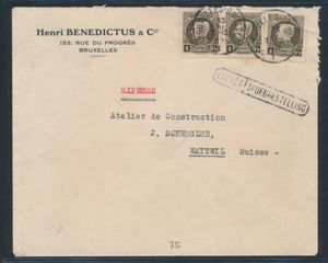 1925 Spoedbestelling brief verstuurd uit Brussel naar Wattwil/ Zwitserland, gefrankeerd met 3x 