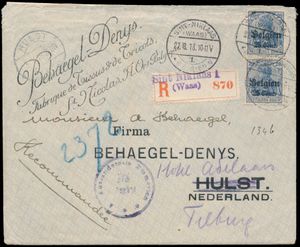1918, aangetekende brief zonder inhoud, vanuit Sint-Niklaas (Waas), brugstempel, dd. 27.8.18, verstuurd naar Hulst (Nederland), brugstempel dd. 3.IX.18, doorgestuurd naar Tilburg, brugstempel op achterzijde dd. 4.IX.18, Duitse controlestempel, 