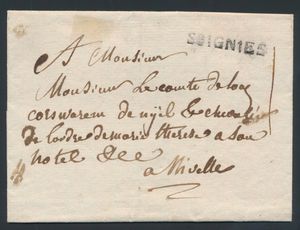 1795 Vorläufer ohne Inhalt, von Soignies (Herlant 8 - 31x4), nach Nivelles, mit Wachssiegel, Tarif ist 1 sol, einwandfrei