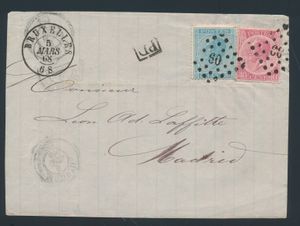 1868 Nos 18 et 20, sur un grand fragment de lettre (plein front), de Bruxelles, PT 60, daté du 5 mars 68, à destination de Madrid (Espagne), 