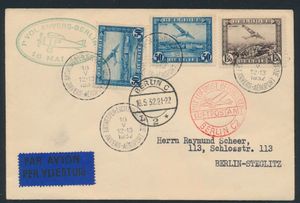 1932, Belgien LP 1 (2x) und LP 2, auf Brief 1° Flug 'Anvers- Berlin' 16/5/1932, nach Berlin.