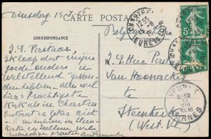 1916, zichtkaart verstuurd uit Chastres  (15/8/16) via Veurne (17/8/16) Onbezet België naar Steenkerke (W. VL), zm