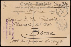 1908 Courrier entrant vers l'EIC, carte postale envoyée de Bone en Algérie le 16 janvier 1908 vers Boma où elle est arrivée le 17 février, affranchie par des timbres de 5c semeuse utilisés en Algérie, peu courant, tb