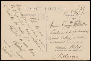 1918, zichtkaart verstuurd uit Montmorency (FR) naar G. Delattre Lt. de Gendarmerie, Prevoté Belge Attaché à l' armée Brittanique/ Armée Belge, via Poperinghe (24/8/18) Onbezet België, zm