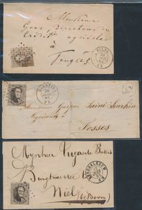 Sammlung von +40 Stück Briefe mit Nr. 14, mehrfacher Tarif, aus z.B. Denderleeuw, Bilsen, Moustier, Heron, Stekene, Loochristy, Aywaille, Comines, Duffel, Avelghem, Aeltre, Gouy-les-Pieton, usw., einwandfrei/schön/zu kontrollieren
