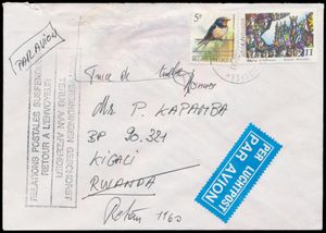 1994, Belgian cover sent from Brussels to Rwanda during the genocide period of 1994, with framed Belgian return marking 