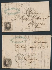 N° 10 en 15, elk op brief vanuit P.129-Waremme, naar Tongres, beiden van het jaar 1863, zm/m/ntz (COBA -€35) 