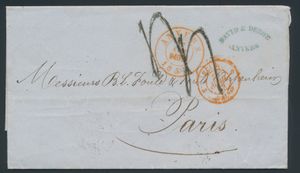 1853 Précurseurs avec contenu d'Anvers, daté du 27 avril 1853, à destination de Paris (France), tarif : 4 déciems (indiqué deux fois), tb.