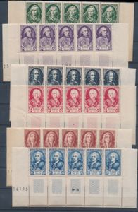 N° 853/58 (5x) Célébrités 1949, volledige serie in strip van 5 zegels met bladboord, zm (Yv. €156)