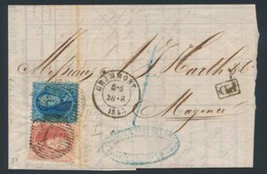 1863 Nr. 14 und 15, auf Brief mit Inhalt, von P.51-Grammont, vom 28. August 1863, nach Mayenne (Frankreich), auf der Rückseite, roter Stempel auf drei Zeilen mit 