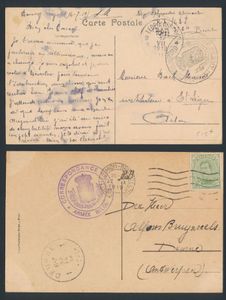 1919, 2 zichtkaarten met 'Correspondance privée Armée Belge' rondstempels (in zwart en blauw) verstuurd uit Brussel en Bourg- Leopold, zm.