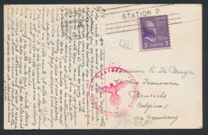 1941 Censuur postkaart, vanuit Amerika (New York), dd. 2 april 1941, naar Brussel. Yv. n° 382, 