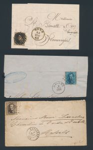 3 brieven/enveloppen en brieffragmenten, vanuit Anvers, Lanaeken en Mons, brief van Mons heeft een mooie firmastempel als sluitstempel 