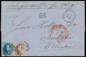 1861 N° 10A en N° 11A, op brief met inhoud, met afstempeling P.4-Anvers, dd. 14 maart 1861, naar Süchteln (bij Viersen - Duitsland), mooie 