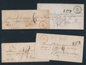 1854/1858 Précurseurs, 5 pièces d'Iseghem, dont 2 pour Turin (Italie) et 3 pour Saint-Pétersbourg (Russie), cachets et tarifs divers, t/b.
